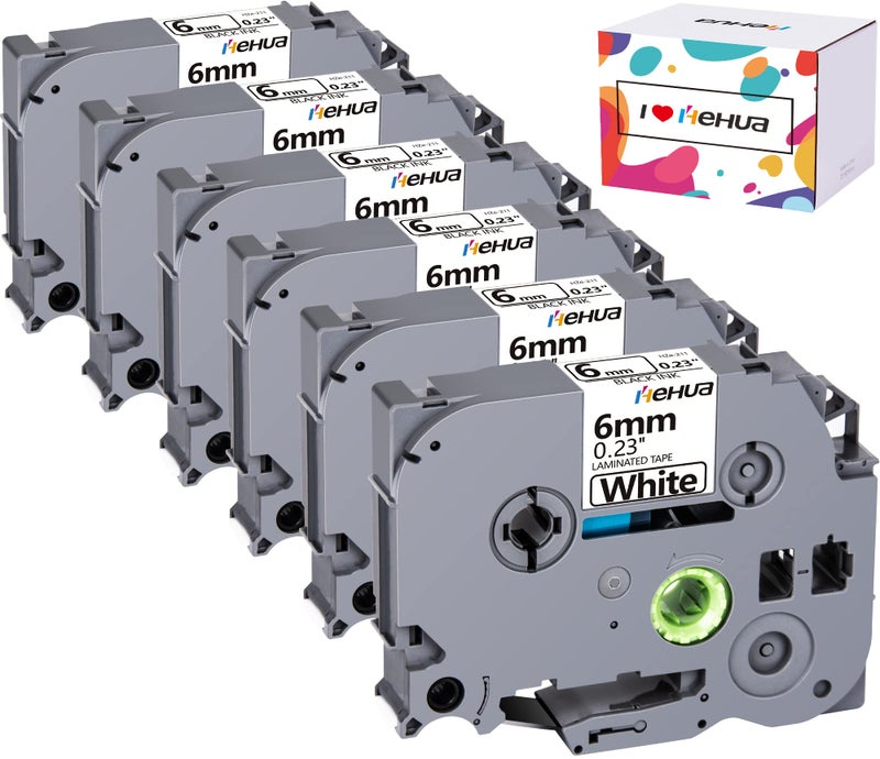 Hehua Compatible 1/4"" (0.23"") Laminated Tape Replacement for Brother P-Touch TZe-211 TZe211 TZ211 TZ-211 Label Tape  6mm x 8m Black on White TZ Tape  Water Resistant  6-Pack - Image 1